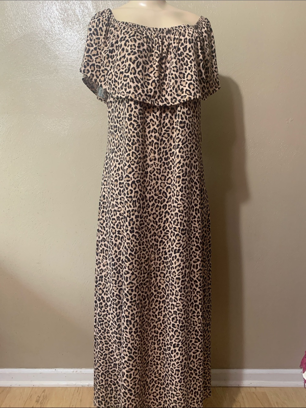 #45 Vibe 2X Leopard-Print Off Shoulder Dress in Black and Tan NWT